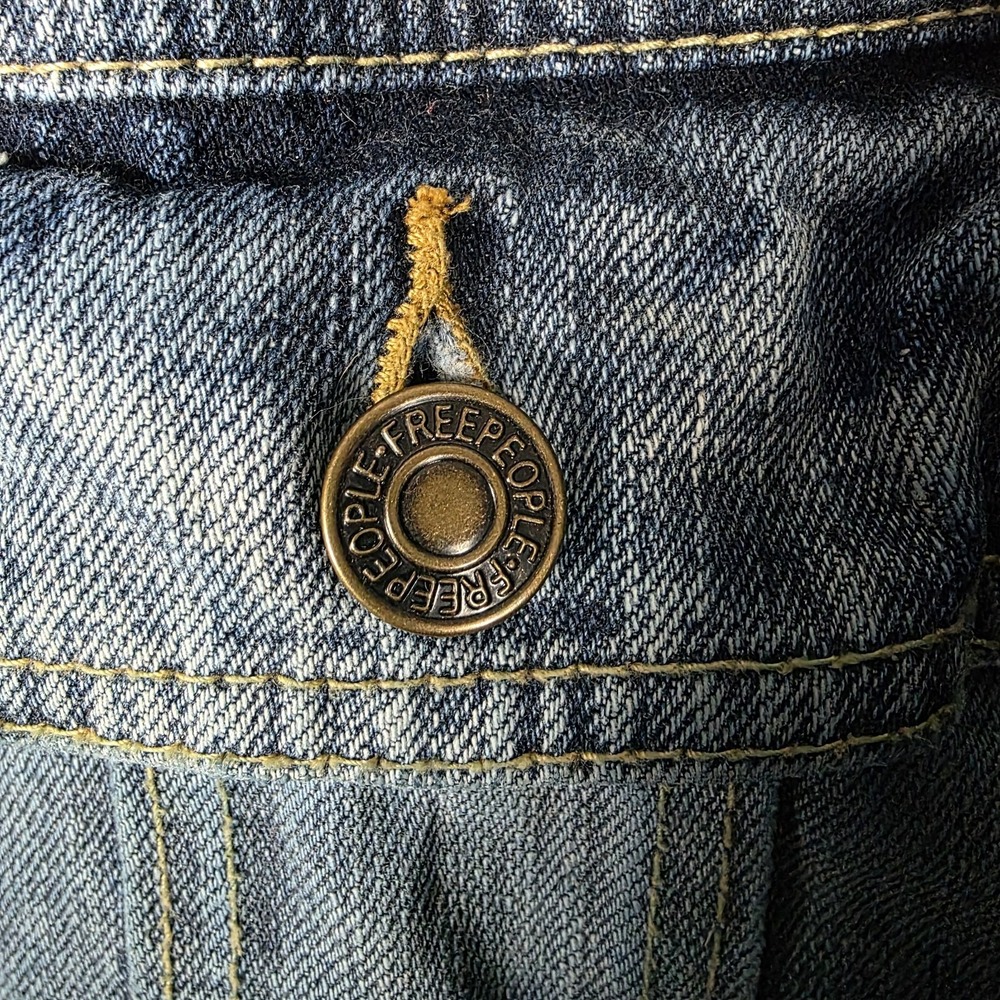 Free People L Sirius Upcycled Denim Plaid Jacket Crochet Evil Eye Jean Flannel - Picture 5 of 12